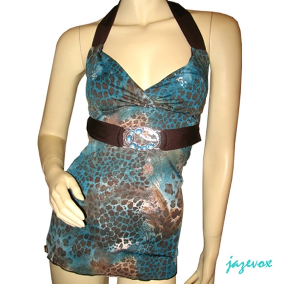 NWT Y2K Babydoll Top Halter Tank Leopard Animal Print Teal Blue Surfer Indie Alt - Picture 1 of 8